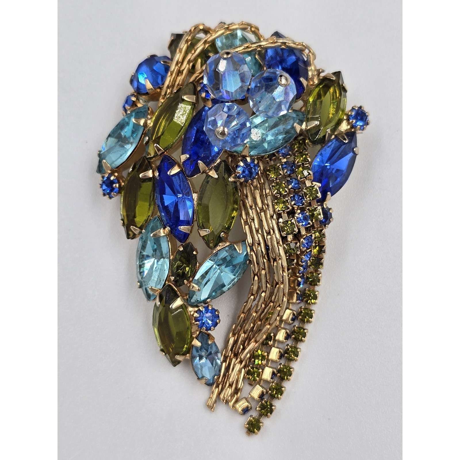 Vintage Mid-Century Blue Olive Green Rhinestone Cascade Brooch Pin 3 150$